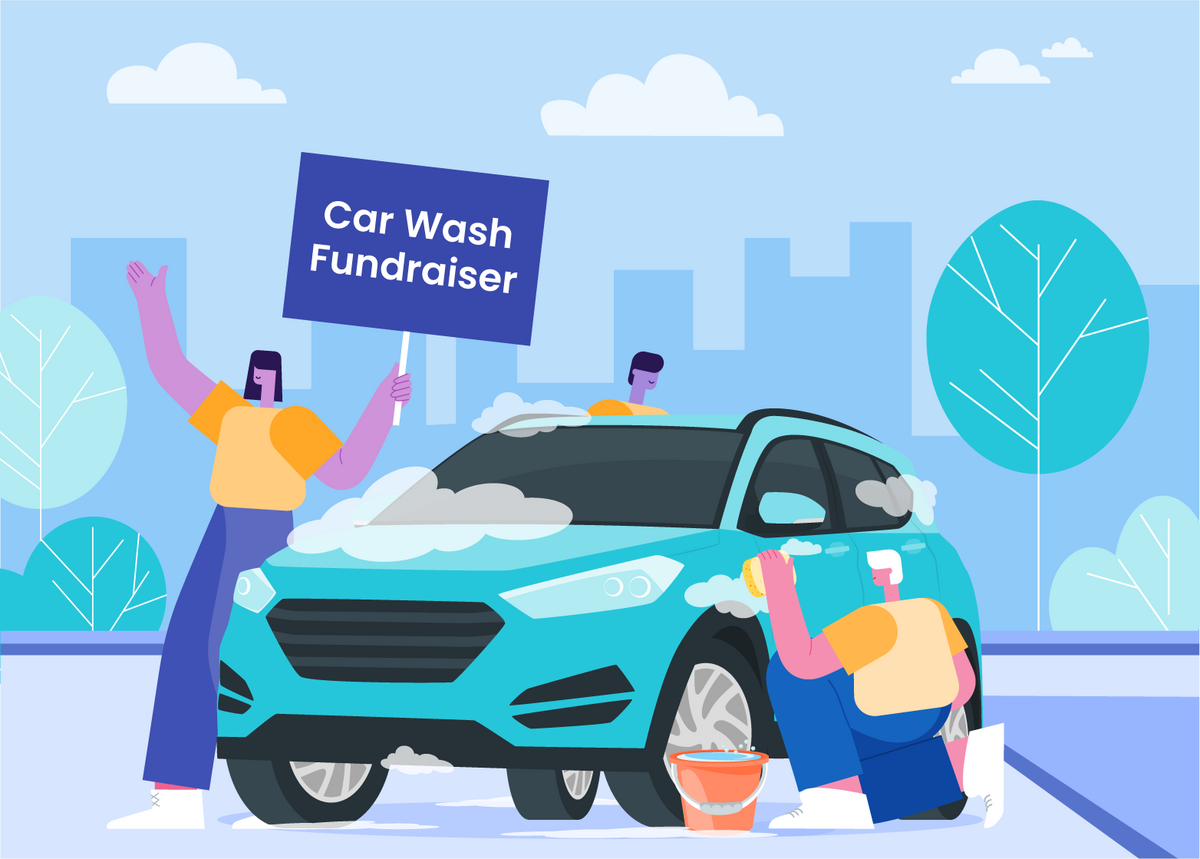 a blue car with a sign that says car wash fundraiser